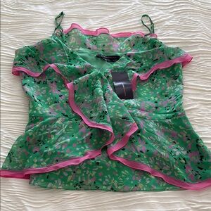 BCBGMaxAzria Green and Pink Asymmetrical Ruffled Camisole